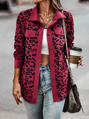 Full Size Leopard Collared Neck Button Up Long Sleeve Jacket - Trendsi