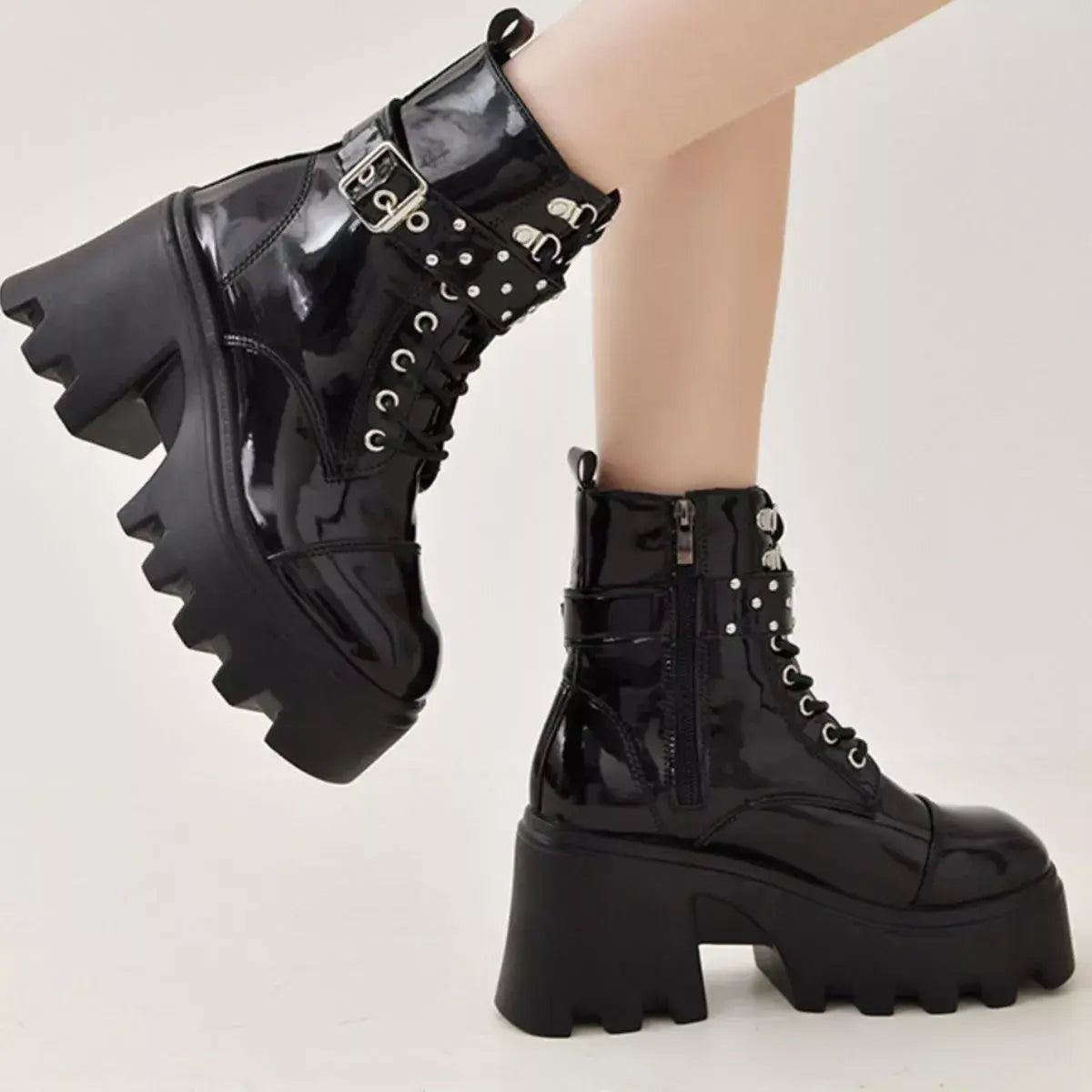 Platform Ankle Boots with Buckle and Studded Detail - Trendsi - Flyclothing LLC