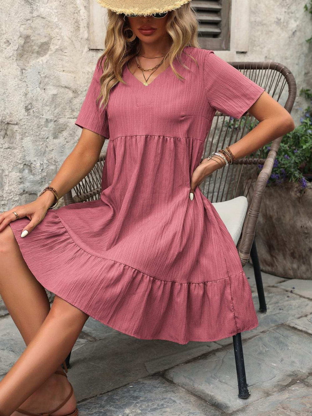 V-Neck Short Sleeve Mini Dress - Trendsi - Flyclothing LLC