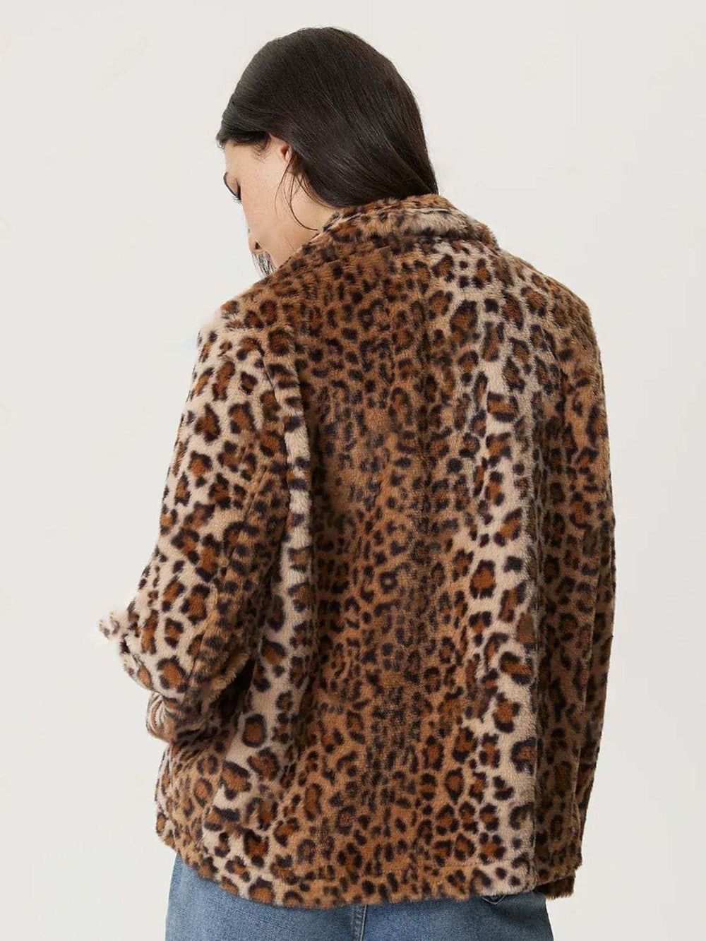 Fuzzy Leopard Collared Neck Jacket - Trendsi - Flyclothing LLC