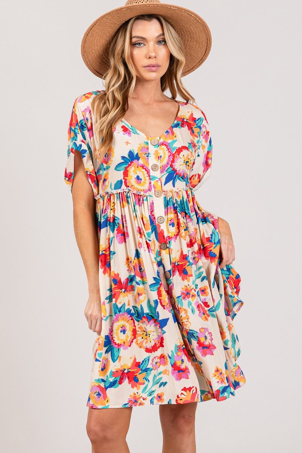 SAGE + FIG Full Size Floral Button-Down Short Sleeve Dress - Trendsi
