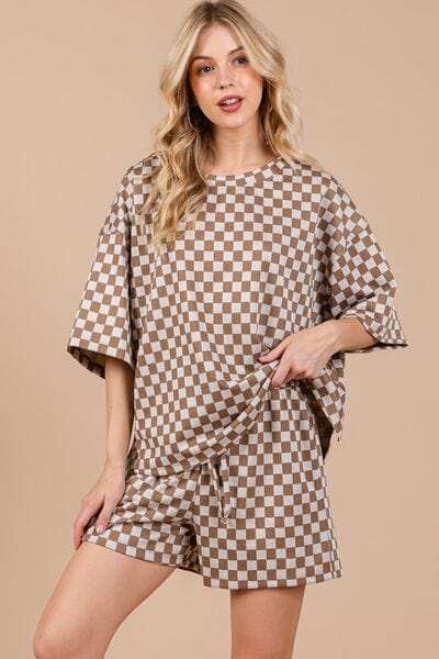 Ces Femme Checkered Round Neck Top and Shorts Set - Trendsi - Flyclothing LLC