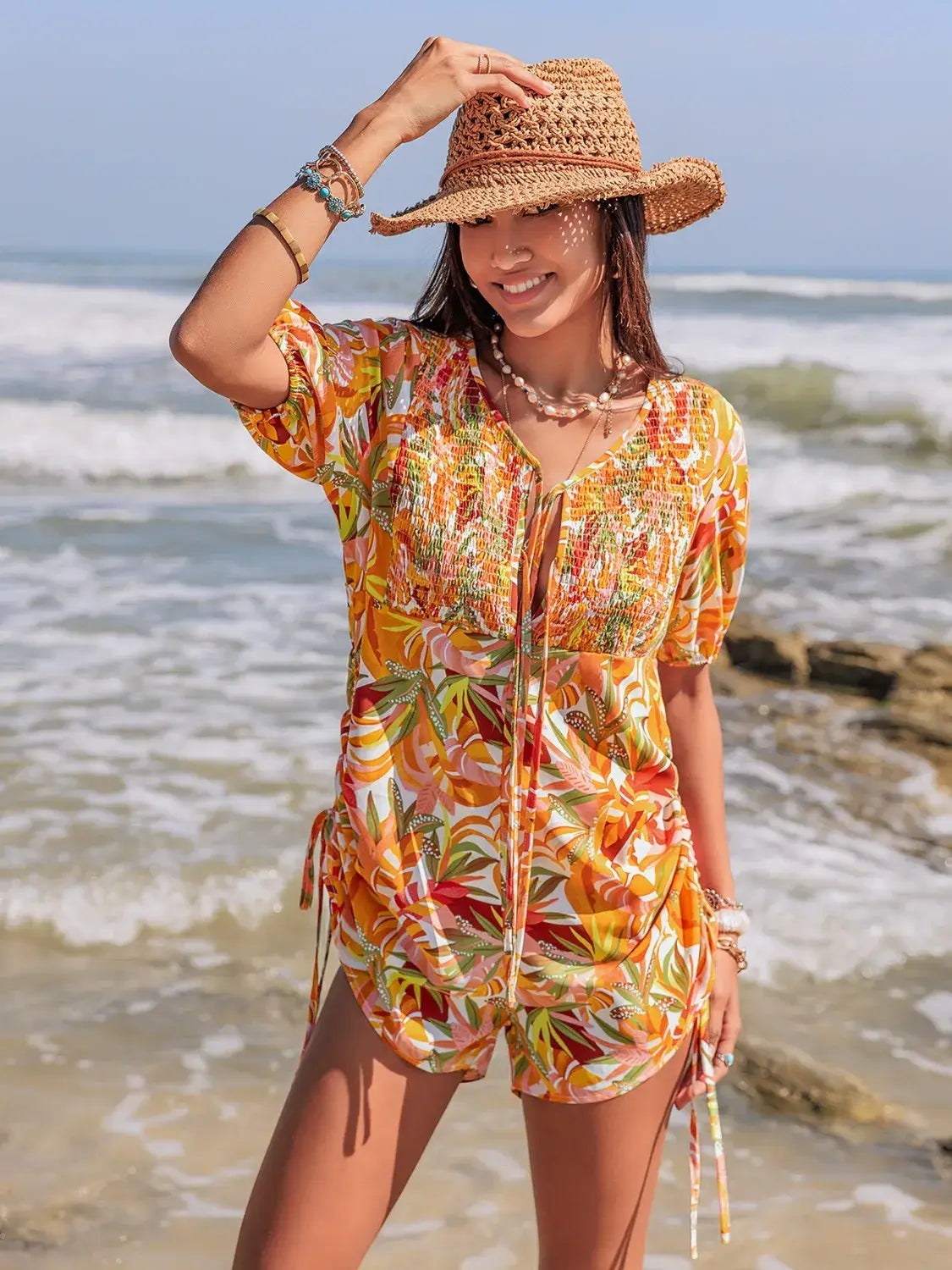 Smocked Printed Tie Neck Romper - Trendsi - Flyclothing LLC
