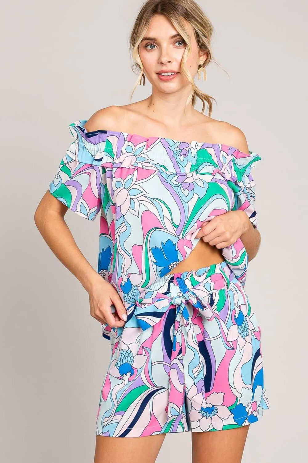 Cotton Bleu by Nu Label Abstracted Print Tie Front Shorts - Trendsi - Flyclothing LLC