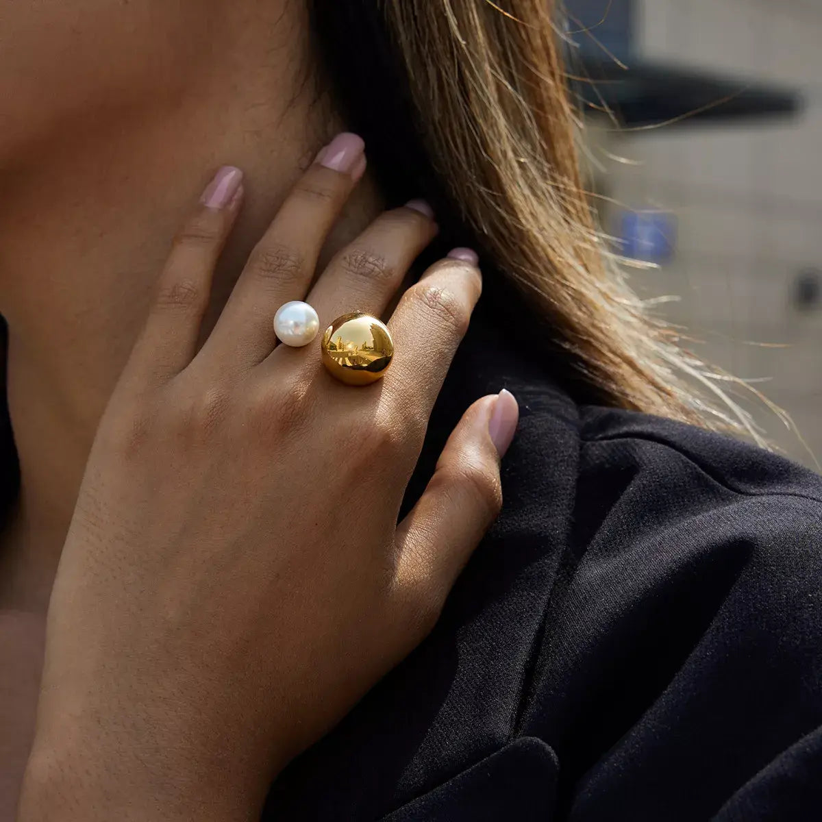 18K Gold-Plated Orb & Pearl Open Ring - Trendsi - Flyclothing LLC