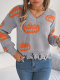 Halloween Pumpkin Pattern Raw Hem V-Neck Sweater - Trendsi - Flyclothing LLC