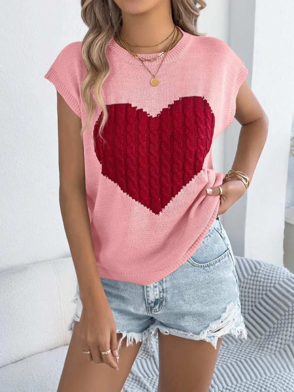 Cable Knit Heart Round Neck Cap Sleeve Knit Top - Trendsi - Flyclothing LLC