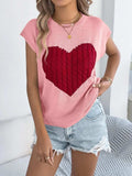 Cable Knit Heart Round Neck Cap Sleeve Knit Top - Trendsi - Flyclothing LLC