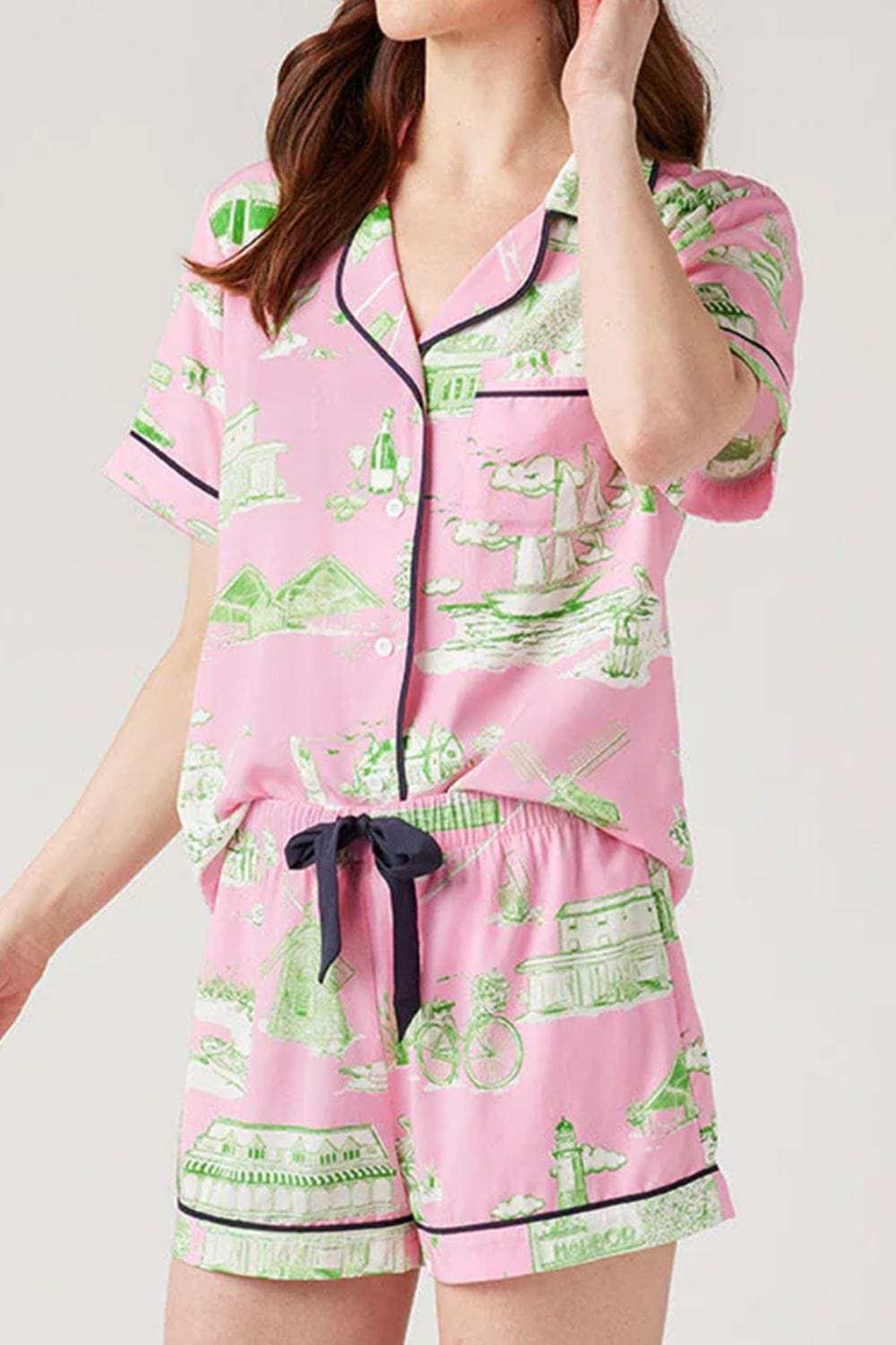 Collared Neck Printed Top and Drawstring Shorts Lounge Set - Trendsi - Flyclothing LLC