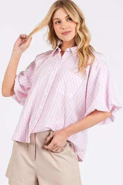 Mittoshop Button Down Striped Puff Sleeve Shirt - Trendsi - Flyclothing LLC