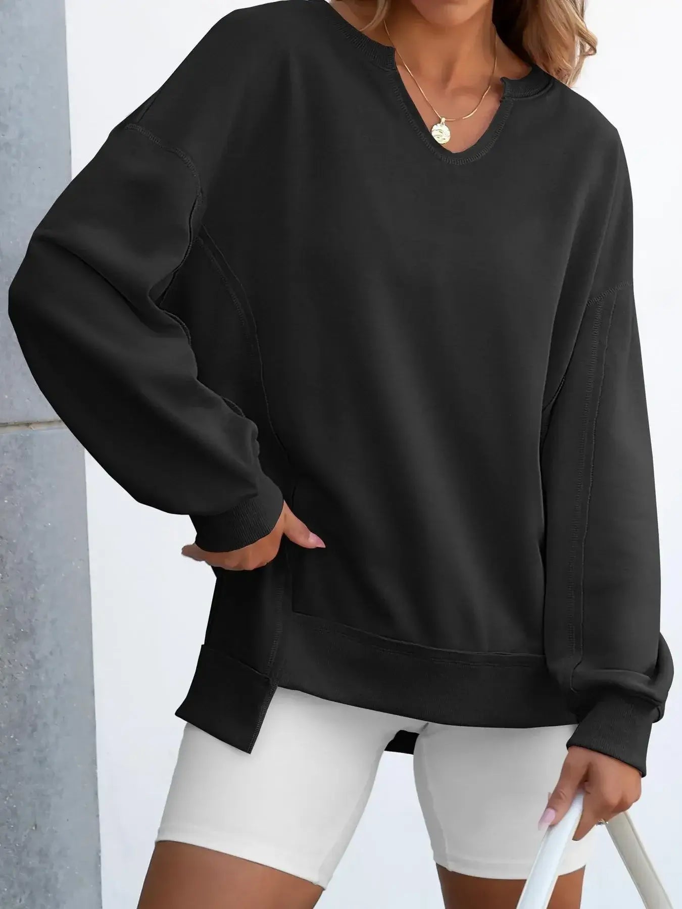 Notched Long Sleeve Oversized Sweatshirt - Trendsi - Flyclothing LLC