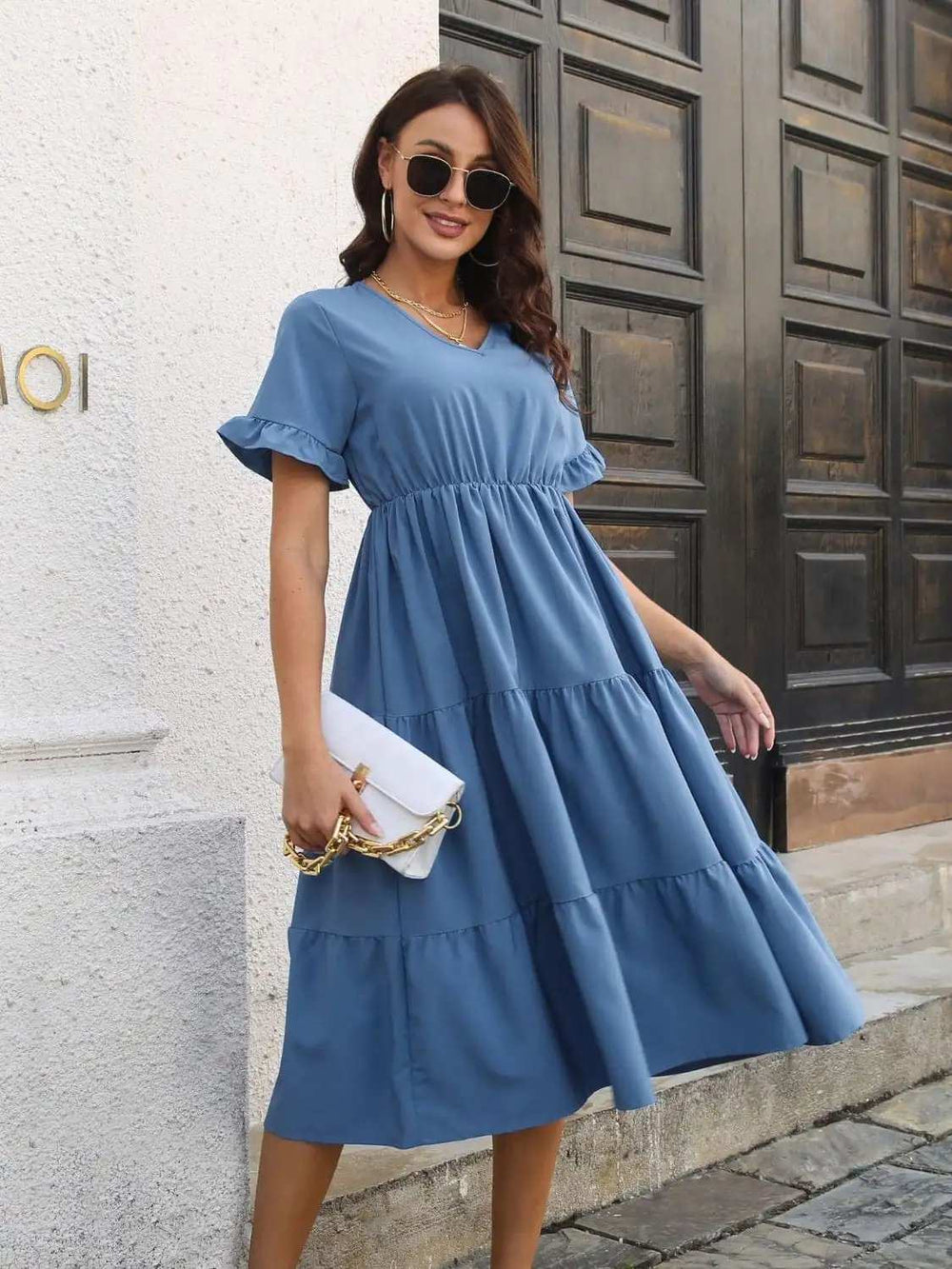 V-Neck Short Sleeve Midi Dress - Trendsi - Flyclothing LLC