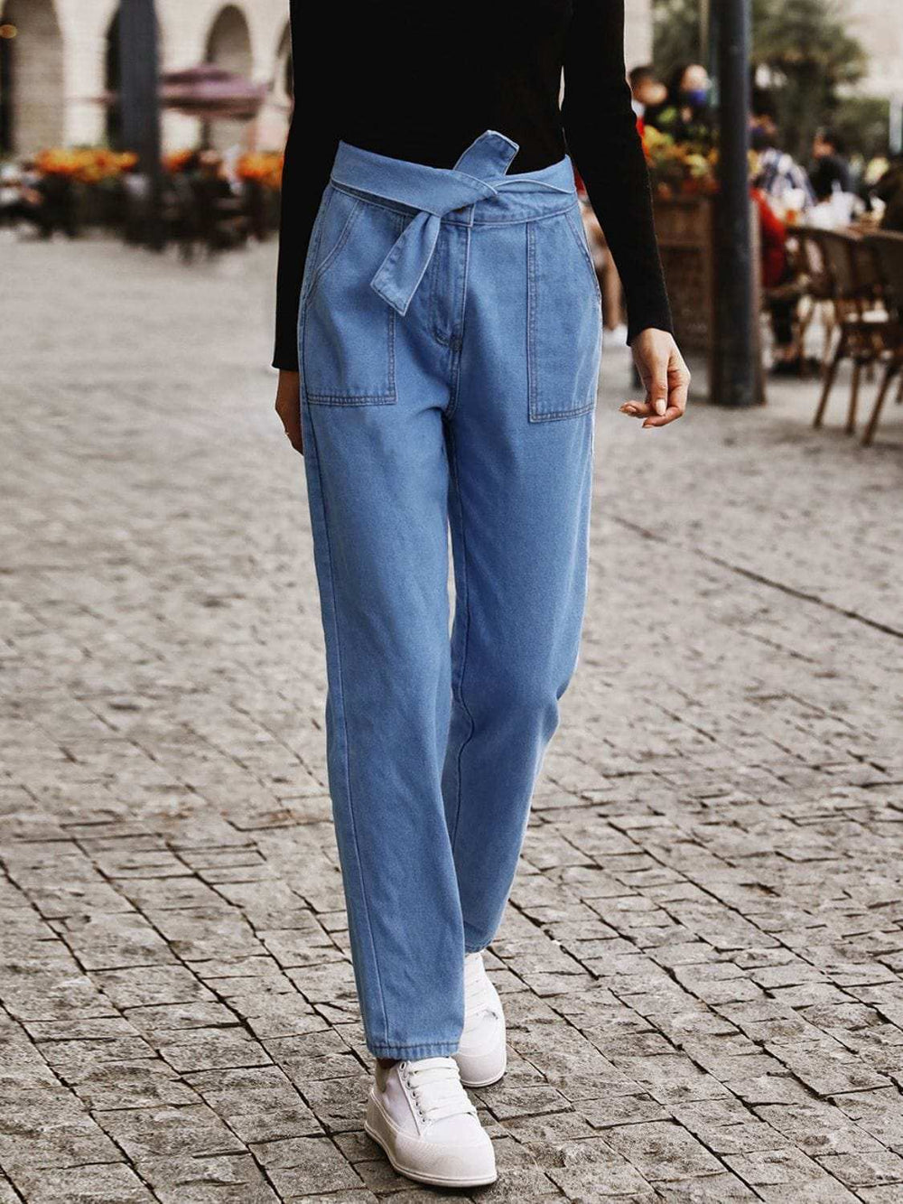 Tied Straight Jeans with Pockets - Trendsi - Flyclothing LLC