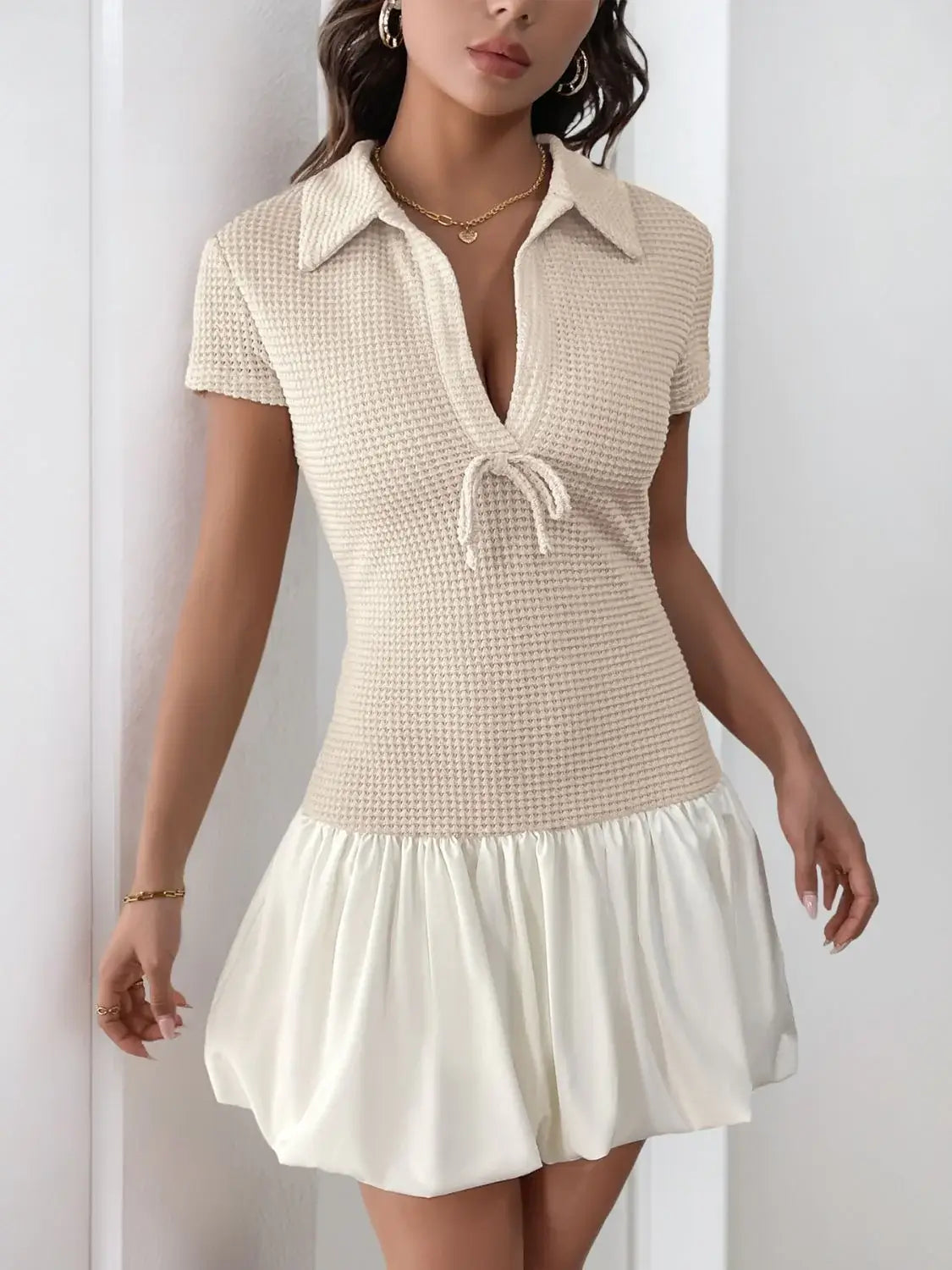 Perfee Johnny Collar Short Sleeve Mini Dress - Trendsi - Flyclothing LLC