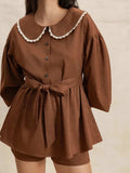 Peter Pan Collar Balloon Sleeve Top and Shorts Set - Trendsi - Flyclothing LLC
