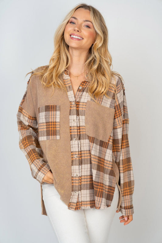 White Birch Full Size Contrast Plaid Button Down Shirt Trendsi