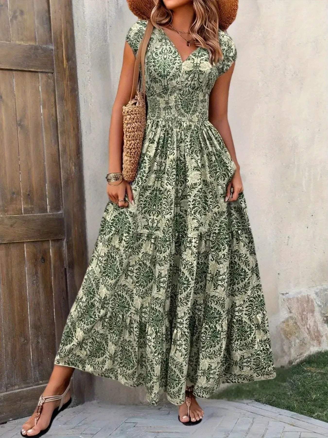 Printed Cap Sleeve Maxi Dress - Trendsi - Flyclothing LLC