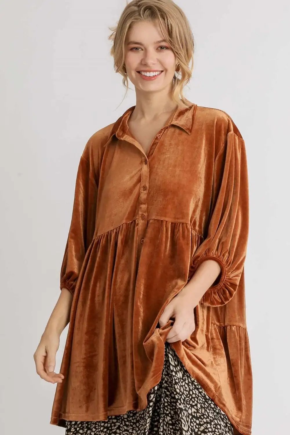 Umgee Full Size Button Down Tiered Back High Low Shirt - Trendsi