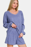 Zenana V-Neck Long Sleeve Ribbed Top and Shorts Set - Trendsi - Flyclothing LLC