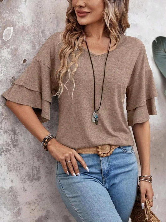 V-Neck Half Sleeve Blouse - Trendsi - Flyclothing LLC