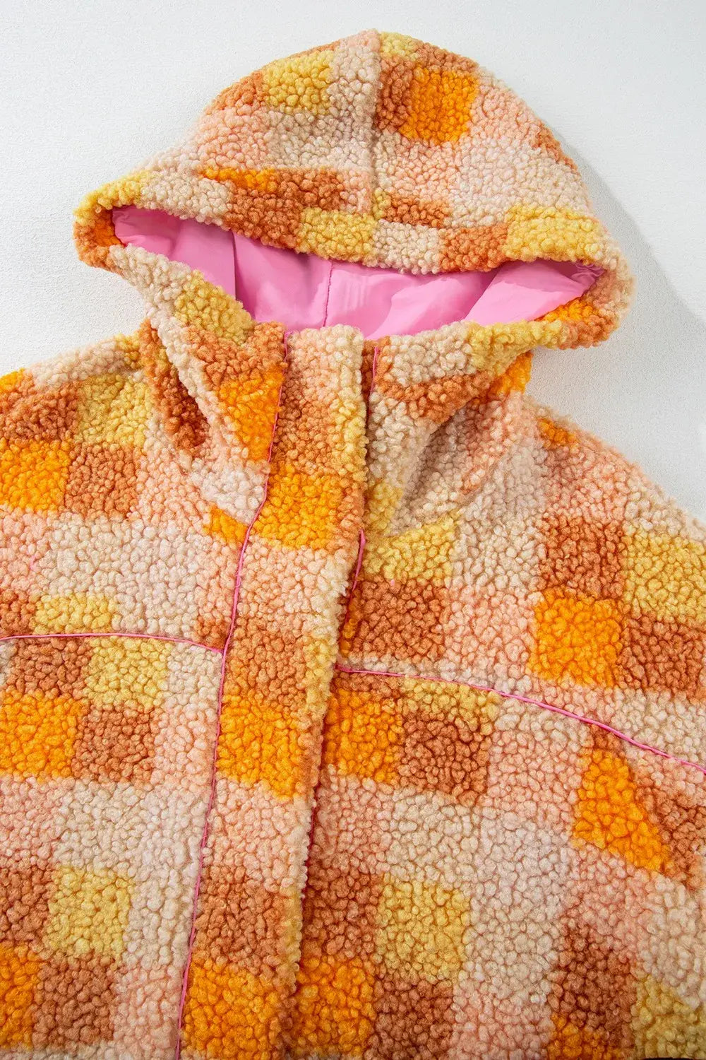 Checkered Long Sleeve Sherpa Hooded Jacket - Trendsi - Flyclothing LLC