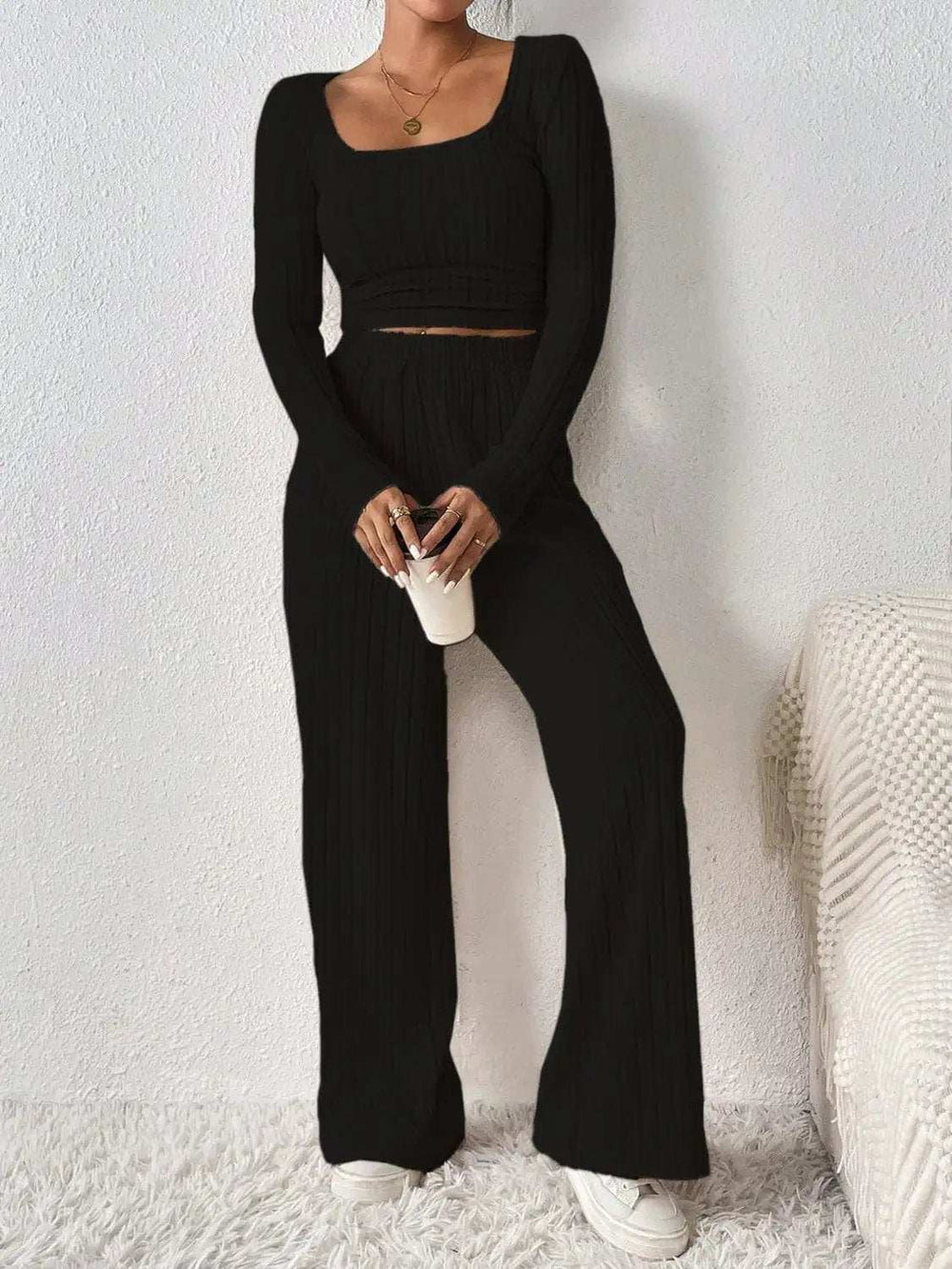 Scoop Neck Long Sleeve Top and Pants Set - Trendsi - Flyclothing LLC