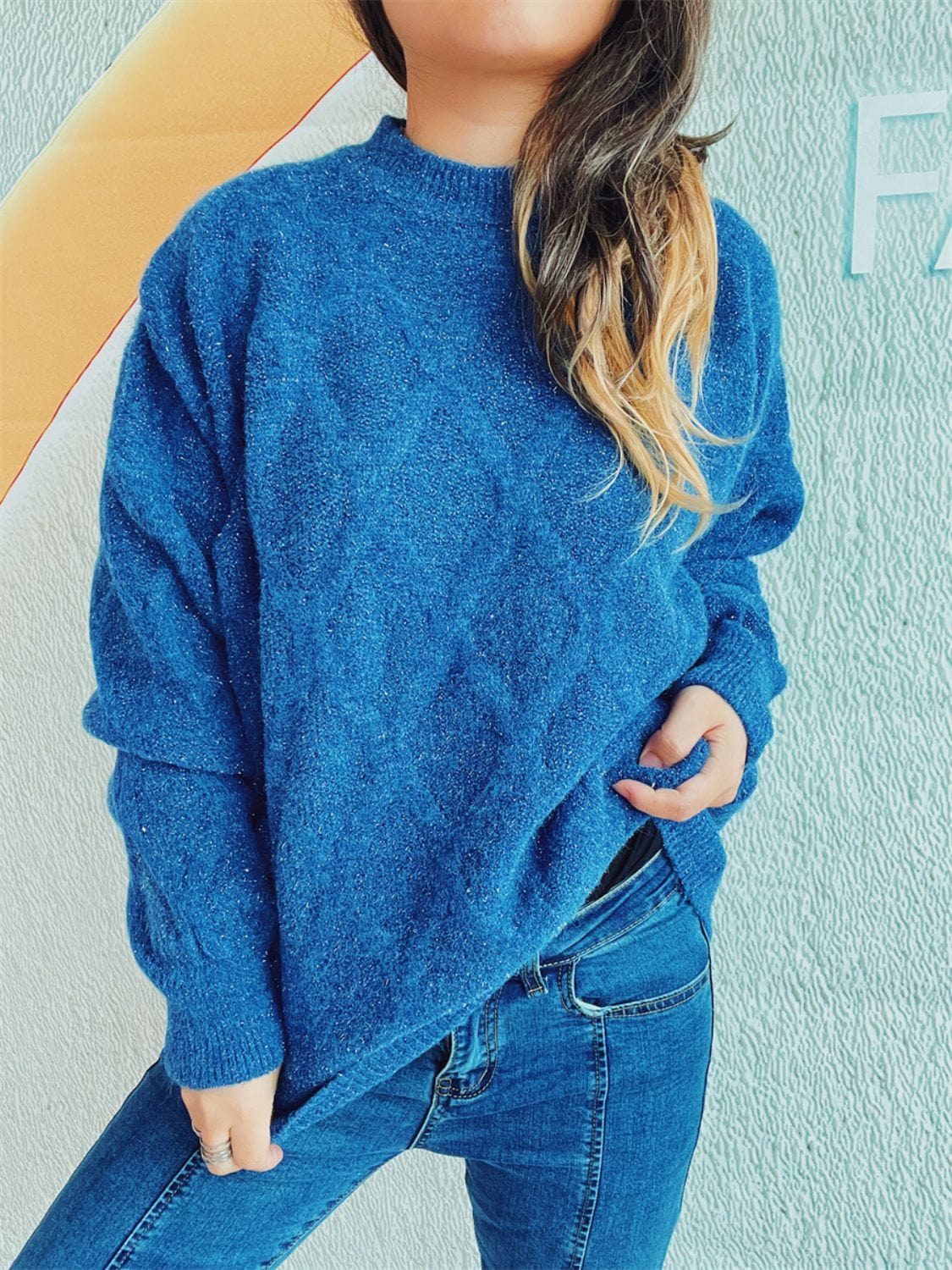 Diamond Round Neck Long Sleeve Sweater - Trendsi