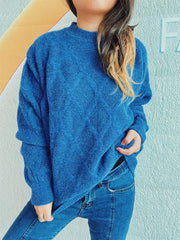 Diamond Round Neck Long Sleeve Sweater - Trendsi