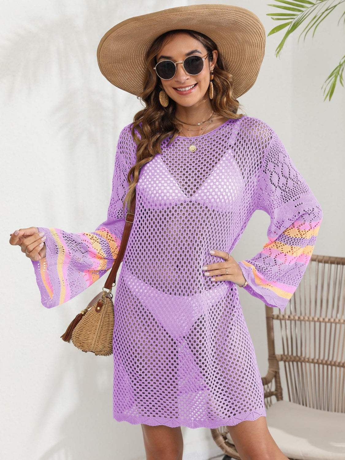 Openwork Contrast Long Sleeve Cover-Up - Trendsi - Flyclothing LLC