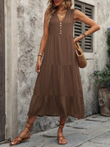 Decorative Button Notched Sleeveless Dress - Trendsi - Flyclothing LLC
