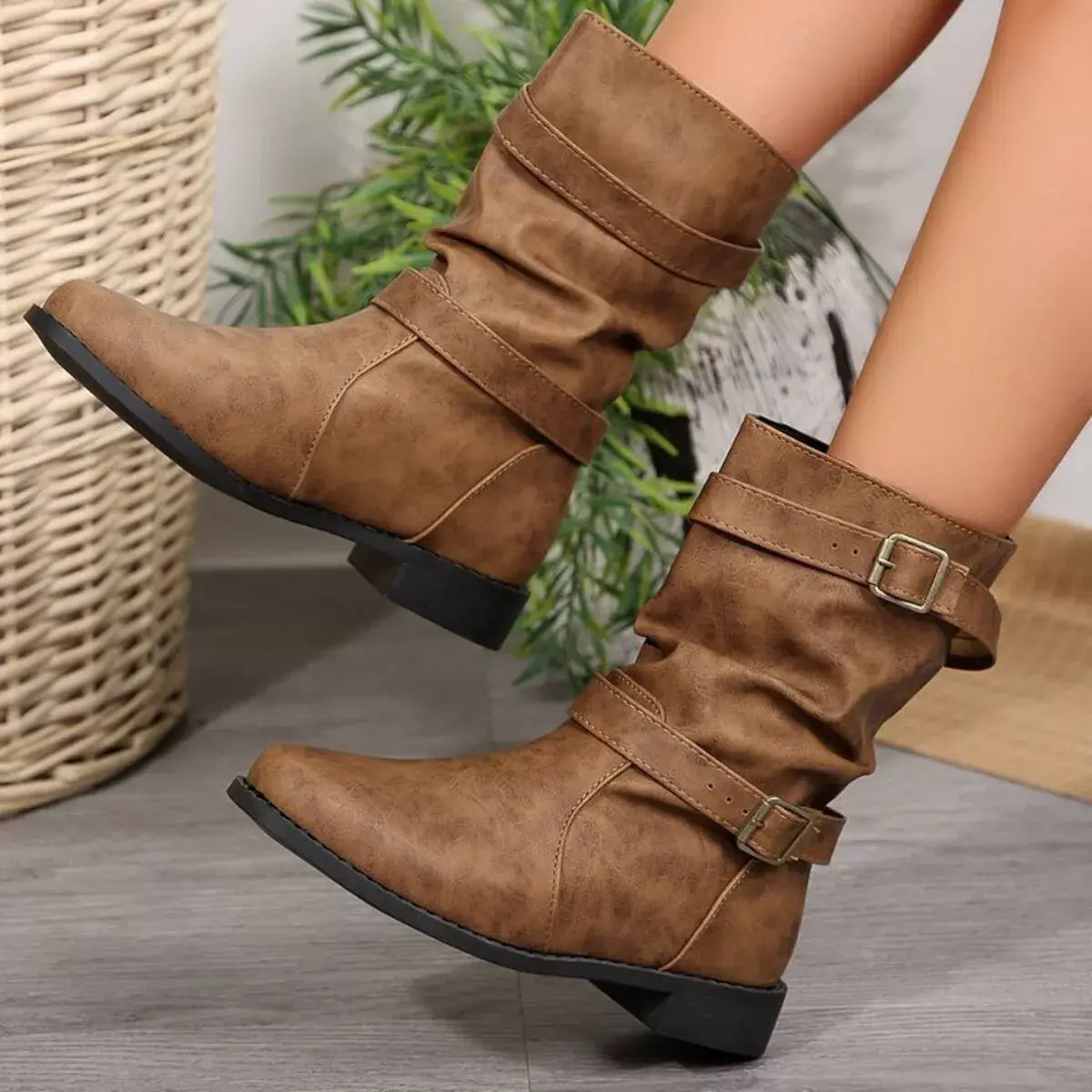 Buckled Low Heel Boots - Trendsi - Flyclothing LLC