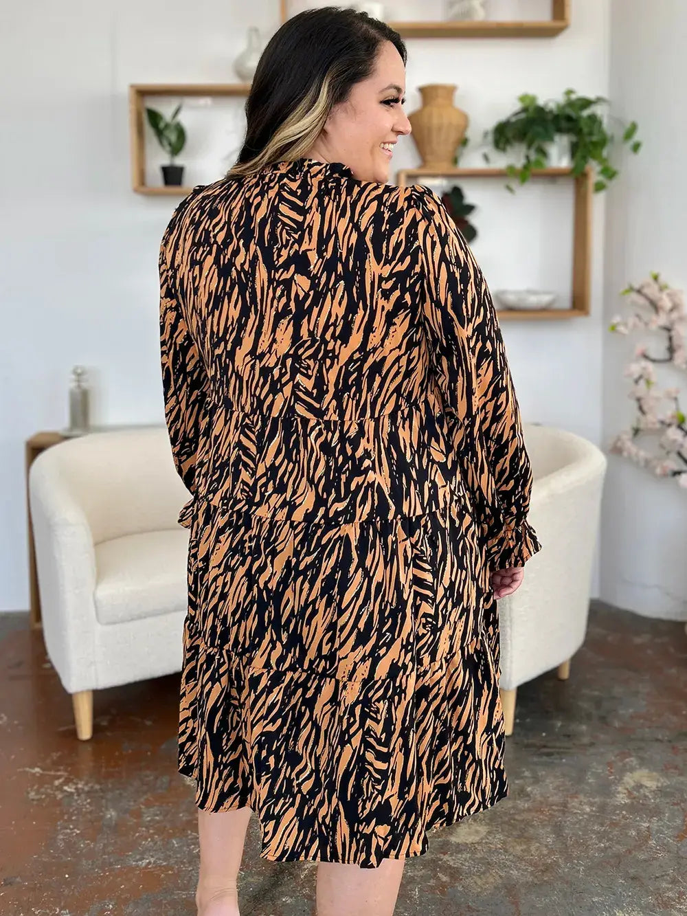 Double Take Full Size Printed Ruffle Hem Long Sleeve Dress - Trendsi - Flyclothing LLC