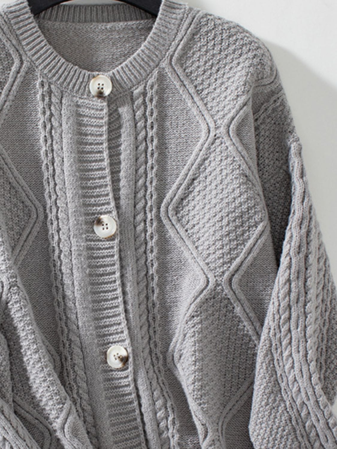Cable-Knit Round Neck Button Up Cardigan - Trendsi