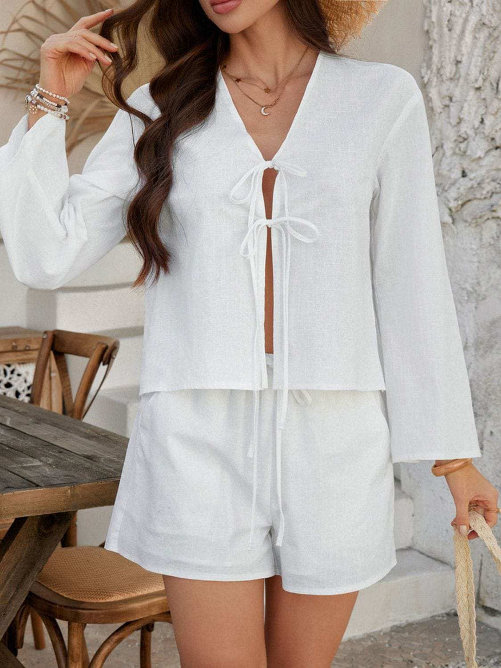 Devine Double Tied V-Neck Top and Shorts Set - Trendsi - Flyclothing LLC