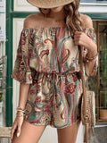 Printed Off Shoulder Half Sleeve Romper - Trendsi