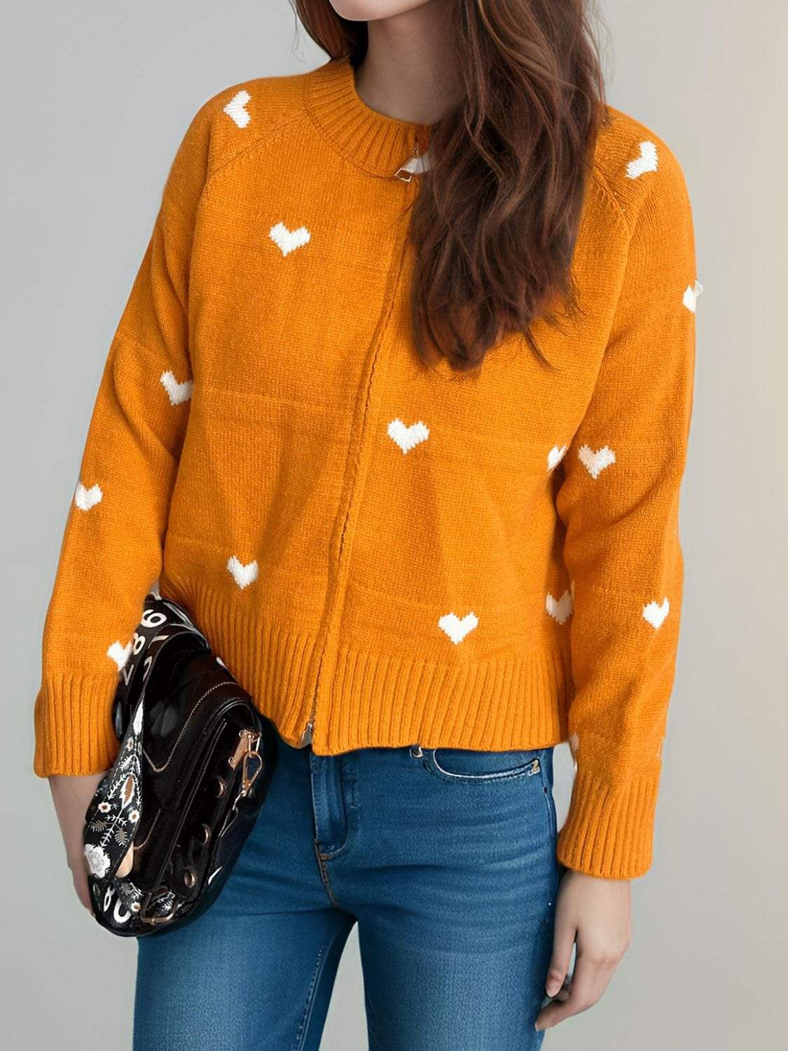 Heart Round Neck Zip Up Cardigan - Trendsi - Flyclothing LLC
