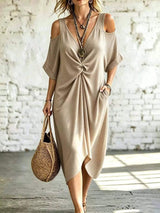 Full Size Cold Shoulder Twist Front Midi Dress Plus Size - Trendsi - Flyclothing LLC