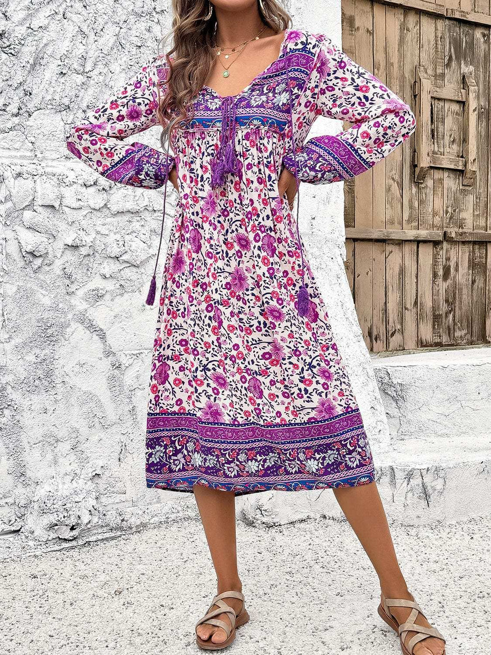 Tassel Tied Printed Long Sleeve Dress - Trendsi - Flyclothing LLC