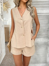 Devine Button Down V-Neck Tank and Shorts Set - Trendsi - Flyclothing LLC
