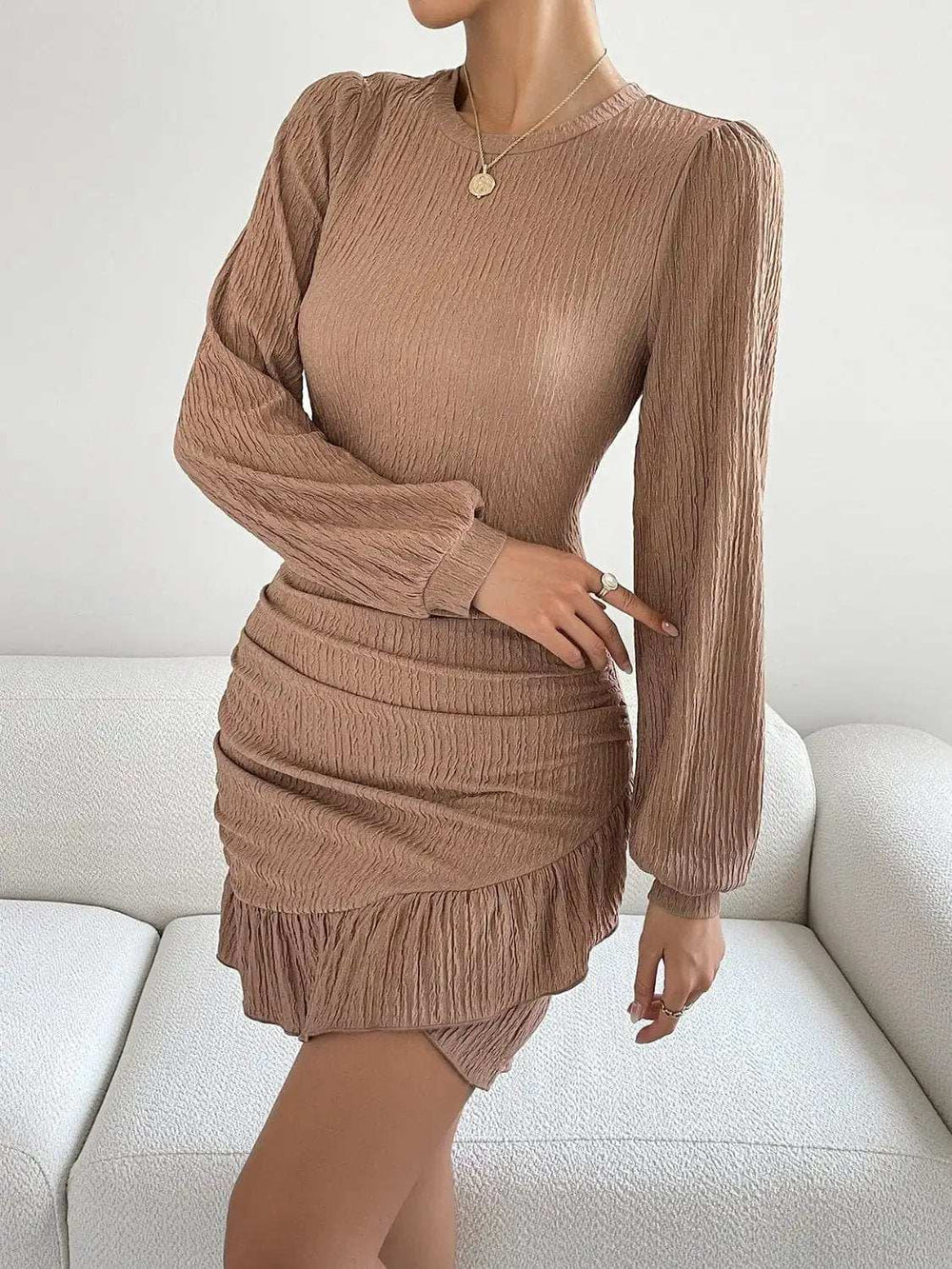 Ruffled Round Neck Long Sleeve Mini Dress - Trendsi - Flyclothing LLC