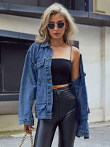 Pocketed Button Down Collared Neck Denim Top - Trendsi - Flyclothing LLC
