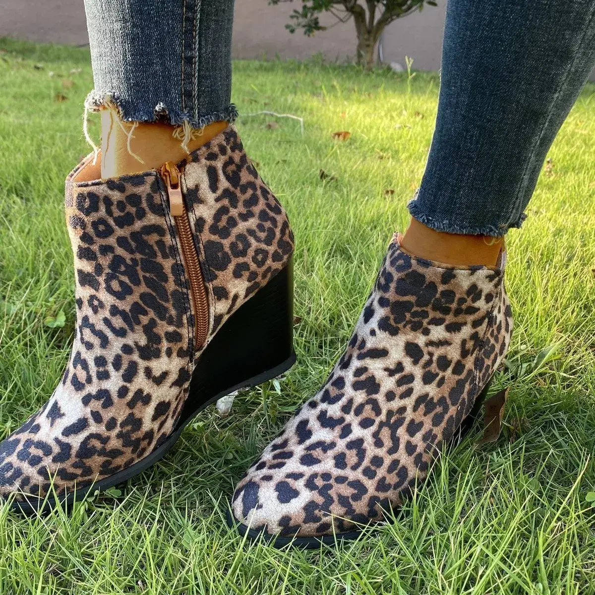 Round Toe Wedge Ankle Boots - Trendsi - Flyclothing LLC
