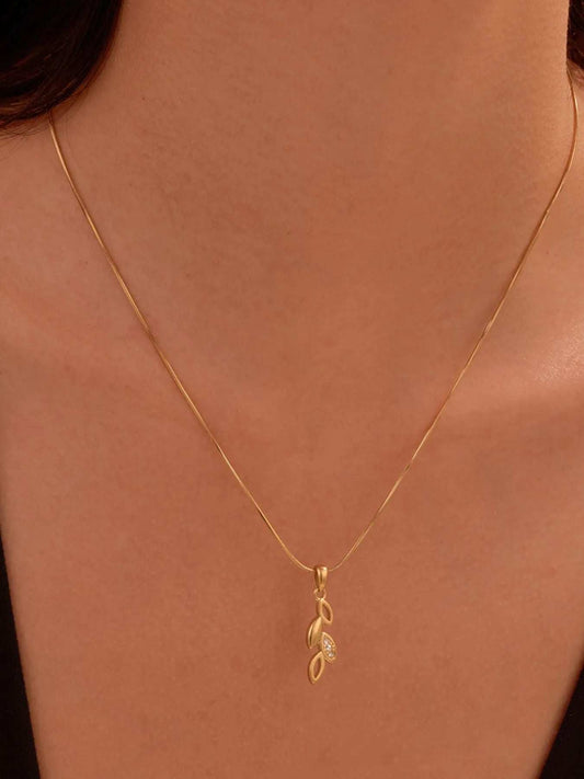 18K Gold-Plated Stainless Steel Zircon Leaf Pendant Necklace - Trendsi - Flyclothing LLC