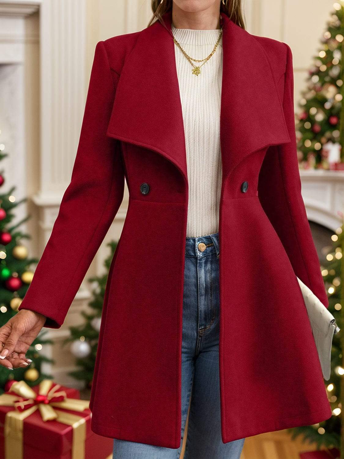 Collared Neck Button Up Long Sleeve Coat - Trendsi - Flyclothing LLC