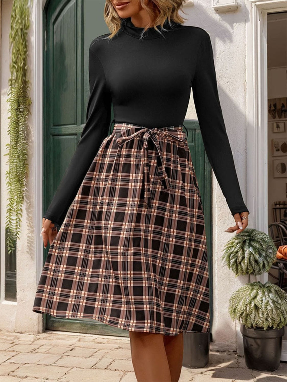 Plaid Mock Neck Long Sleeve Dress - Trendsi