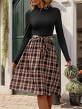 Plaid Mock Neck Long Sleeve Dress - Trendsi