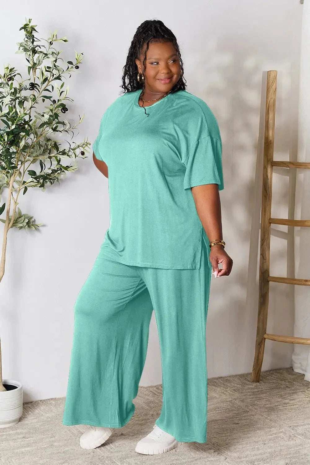 Double Take Full Size Round Neck Slit Top and Pants Set - Trendsi - Flyclothing LLC