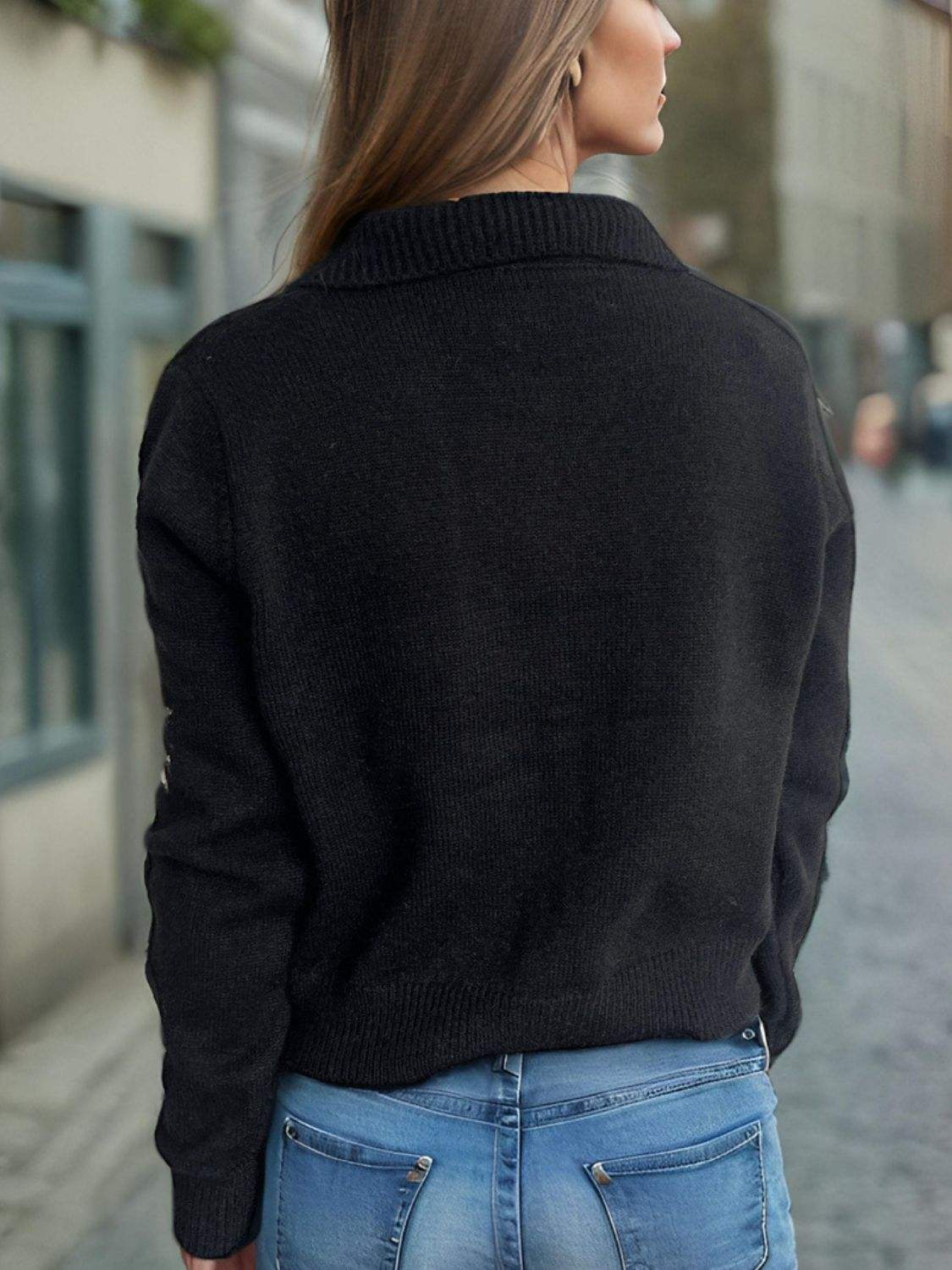 Pearl Trim Collared Neck Long Sleeve Cardigan - Trendsi - Flyclothing LLC