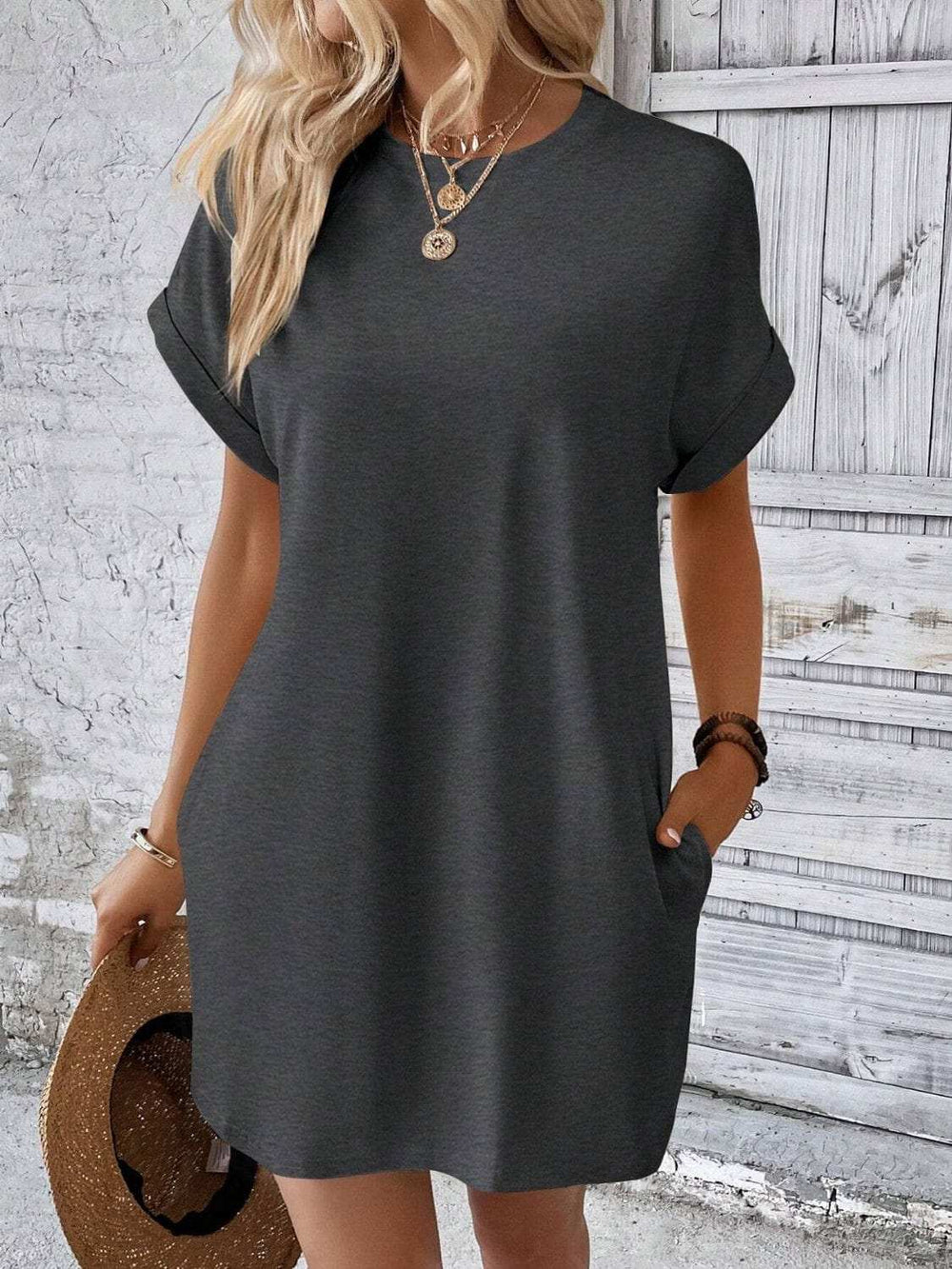 Round Neck Short Sleeve Mini Dress - Trendsi - Flyclothing LLC