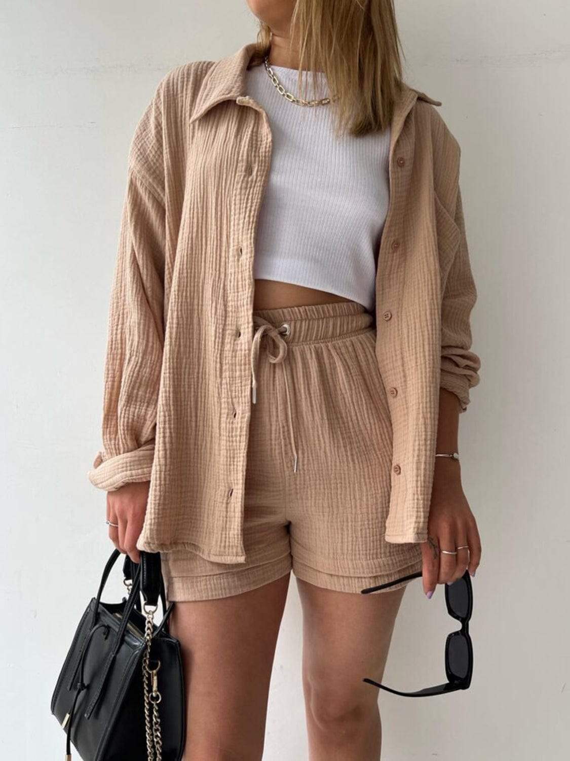 Texture Button Up Shirt and Drawstring Shorts Set - Trendsi - Flyclothing LLC